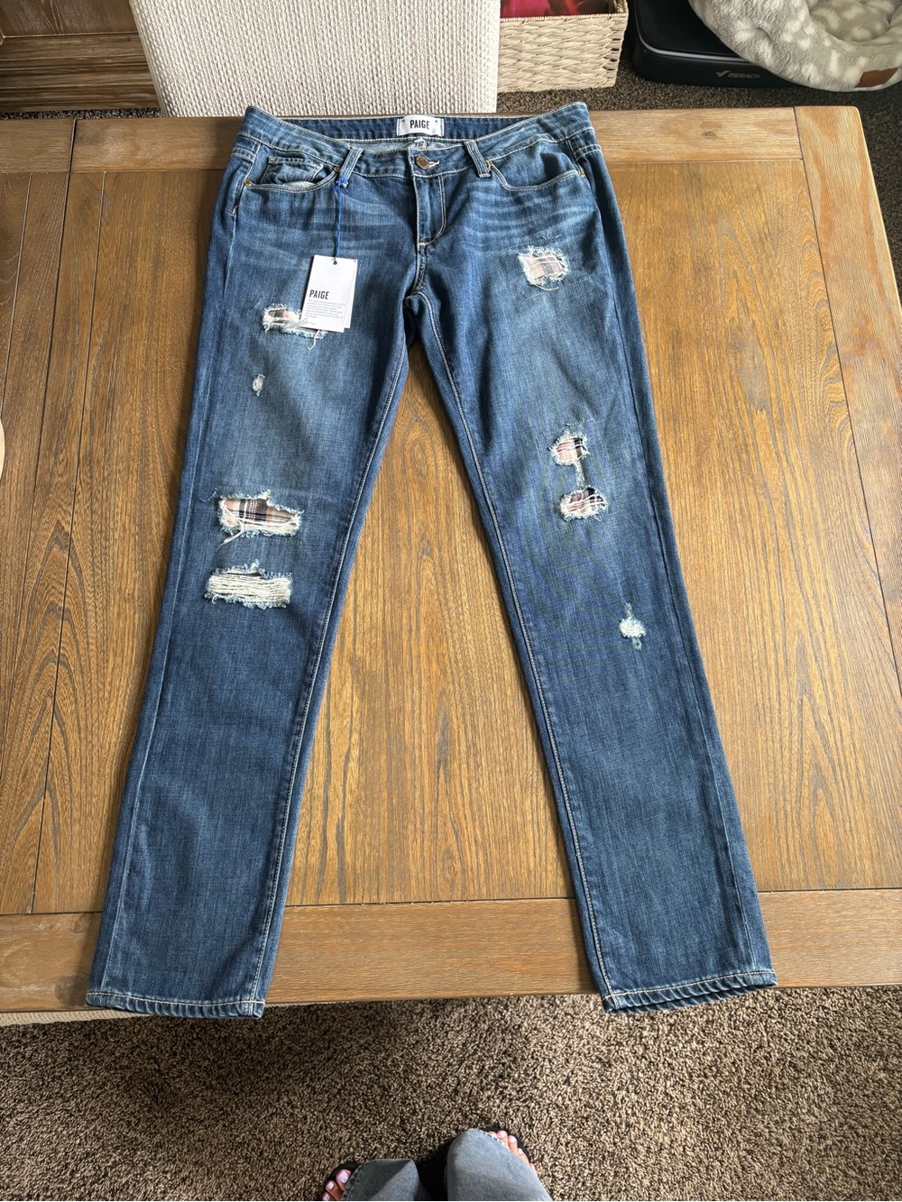 PAIGE Blue Distressed Straight Leg Jeans
